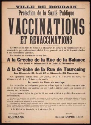 "Ville de Roubaix; Protection de la Santé Publique; Vaccinations et Revaccinations" (Durchführung einer Impfung)