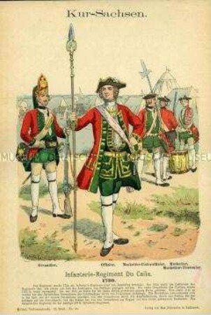 Uniformdarstellung, Grenadier, Offizier, Musketier-Unteroffizier, Musketier und Musketier-Tambour des Infanterie-Regiments "Du Caila", Kurfürstentum Sachsen, 1730.
