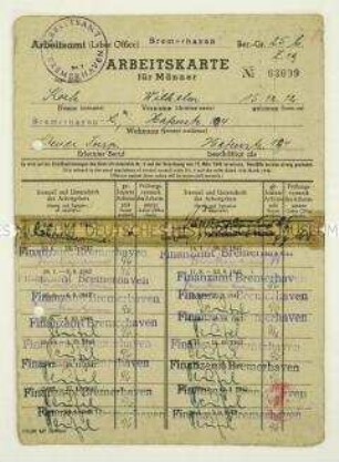 Nachweiskarte über die Arbeit als Steuer-Inspektor nach der Wiedereinstellung beim Finanzamt Bremerhaven - Personenkonvolut