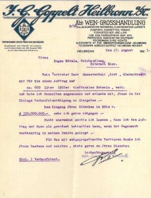 Briefbogen der Fa. J.G. Goppelt, Abt. Wein-Grosshandlung mit Verkaufsbestätigung über 600l verbesserten Rotwein