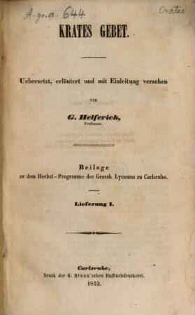 Krates Gebet : Beilage zu dem Herbst-Programme des Grossh. Lyceums zu Carlsruhe