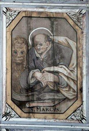 Maria, Christus, Engel und Heilige zwischen Ornamentfeldern