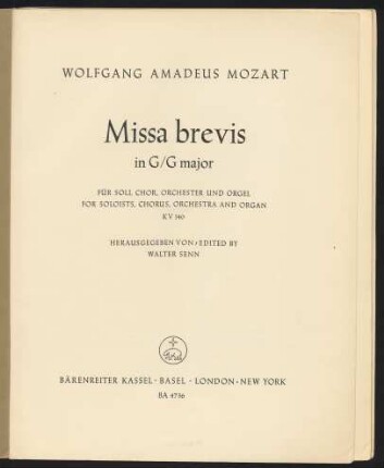 Missa brevis in G : für Soli, Chor, Orchester und Orgel : KV 140