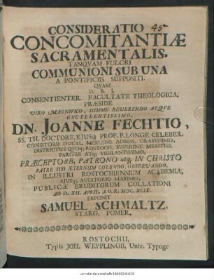 Consideratio Concomitantiae Sacramentalis, Tanquam Fulcri Communioni Sub Una A Pontificiis Suppositi