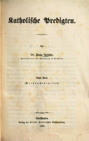 Katholische Predigten, 1. Weihnachtscyclus