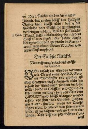 Der Sechste Artickel. Von ursprung/ ursach und grösse der Sünden.