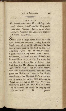 Chap. V. Mr. Adams meets with Mrs. Slipflop, who had redeemed Joseph's Horse. [...]