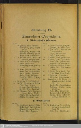 Abteilung II. Einwohnerverzeichnis : Abteilung II. Einwohner-Verzeichnis A. Nieder-Posta (Grund) B. Ober-Posta