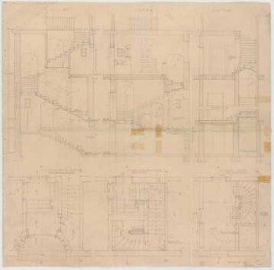 Fischer, Theodor; Nördlingen; Landwirtschaftsschule - Eingang mit Kellertreppe, Treppe vom EG zum 1. OG u. Treppe vom 1. OG zum DG (Grundrisse, Ansichten, Schnitte)