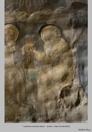 Freskenzyklus mit Szenen aus der Vita des heiligen Antonius : Der heilige Antonius im Gespräch mit dem Eremiten Paulus und Grablegung und Himmelfahrt des heiligen Antonius : Der heilige Antonius im Gespräch mit dem Eremiten Paulus