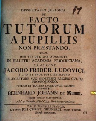 Diss. iur. De facto tutorum a pupillis non praestando