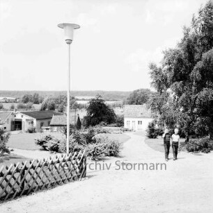 Grünanlage zwischen Markt, Matthias-Claudius-Schule und Ahrensböker Straße: zwei Kinder auf Fußweg: Büsche, Rasen, links Birke: vorne Jägerzaun, Straßenlaterne: hinten Häuser an Ahrensböker Straße: im Hintergrund Herrenteich