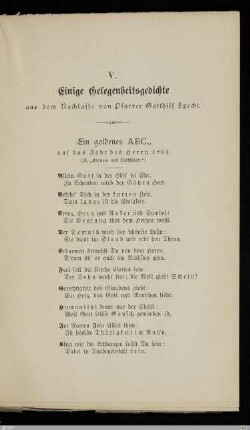 Einige Gelegenheitsgedichte aus dem Nachlasse von Pfarrer Gotthilf Specht