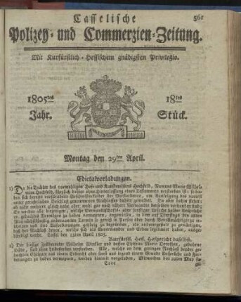 18tes Stueck, Montag den 29ten April 1805