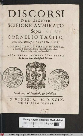 Discorsi Del Signor Scipione Ammirato Sopra Cornelio Tacito