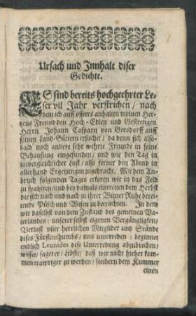 Ursach und Innhalt diser Gedichte.
