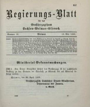 59. Ministerial-Bekanntmachung, betreffend einen Nachtrag zu den Statuten der Sparkasse zu Eisenach