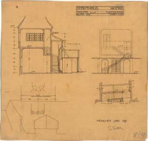 Fischer, Theodor; Worms; Cornelianum - Treppe zum Turmzimmer (Grundriss, Ansichten, Schnitt)