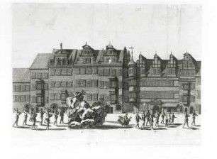 Des Merkur-Aufzug mit der Berg-Invention ... : Des Merkur-Aufzug mit der Berg-Invention zum Ringrennen über den Alten Markt und durch die Schloßgasse in die kurfürstliche Residenz ..., den 21. Februar 1678. Kupferstich; 26,6 x 34 cm (Blattgröße). Aus: Gabriel Tzschimmer, Die Durchlauchtigste Zusammenkunft ... des 1678. Jahres ..., S. 273,1. Nürnberg, 1680. Dresden: SLUB Hist.Sax.C.150