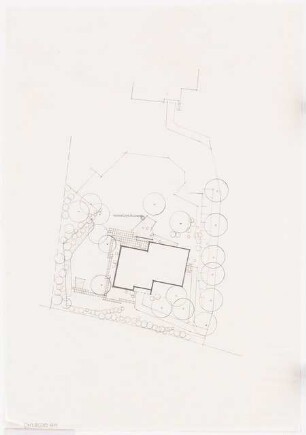 Grünflächen an der Wohnanlage des SFB Am Rupenhorn 4, Berlin-Westend: Haus B: Lageplan mit Gartenplan und Plattenwegen 1:200