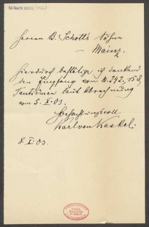 Brief an B. Schott's Söhne : 08.10.1903