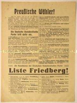 Programmatischer Wahlaufruf der Deutschen Demokratischen Partei zur Unterstützung ihrer Liste Friedberg bei den Preußenwahlen