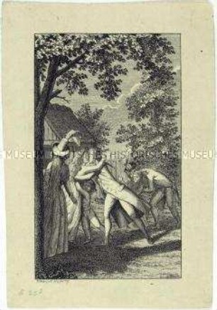 Stürmische Umarmung eines jungen Paares im Garten - Frontispiz zum Drama "Menschenhass und Reue" von August von Kotzebue