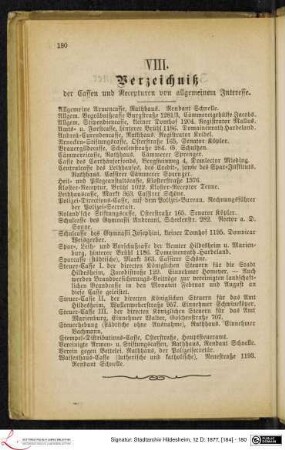 VIII. Verzeichniß der Cassen und Recepturen von allgemeinem Interesse.