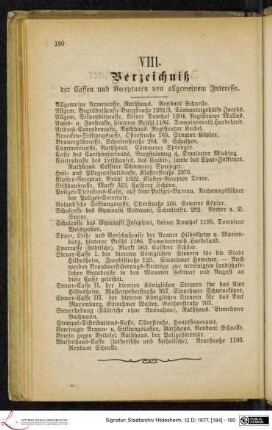 VIII. Verzeichniß der Cassen und Recepturen von allgemeinem Interesse.