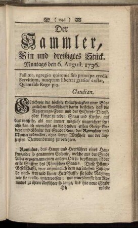Ein und dreißigstes Stück. Montags den 6. August 1736.