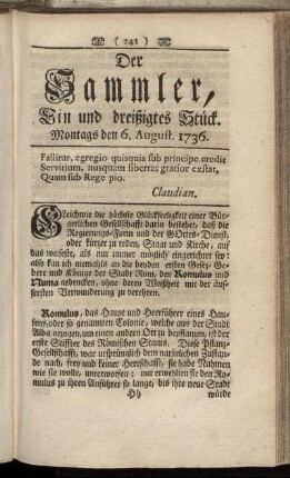 Ein und dreißigstes Stück. Montags den 6. August 1736.