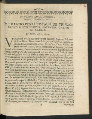 Meditatio Pentecostalis De Triplici Regno Sancti Spiritus, potentiae, Gratiae Et Gloriae.