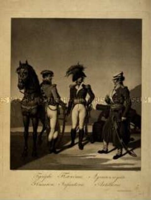 Uniformdarstellung, Offiziere der Husaren-, Infanterie- und Artillerie-Regimenter, Russland, 1813.