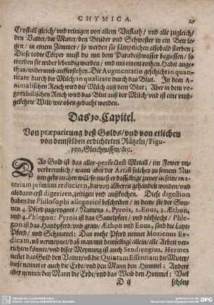 Das 10. Capitel. Von praeparirung deß Golds/und von etlichen von demselben erdichteten Rätzeln/Figuren, Gleichnussen/ & c.