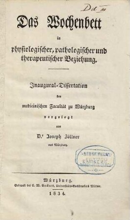 Das Wochenbett in physiologischer, pathologischer und therapeutischer Beziehung