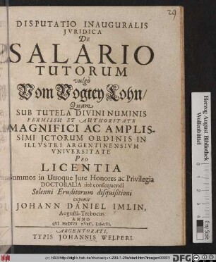 Disputatio Inauguralis Iuridica De Salario Tutorum vulgo Vom Vogtey Lohn