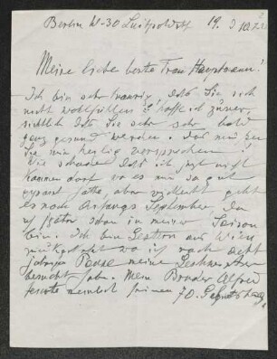 Brief von Heinrich Grünfeld an Margarete Hauptmann