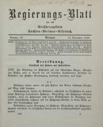 119. Verordnung, betreffend das Fahren mit Fahrrädern