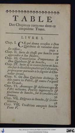 Table Des Chapitres contenus dans ce cinquiéme Tome.
