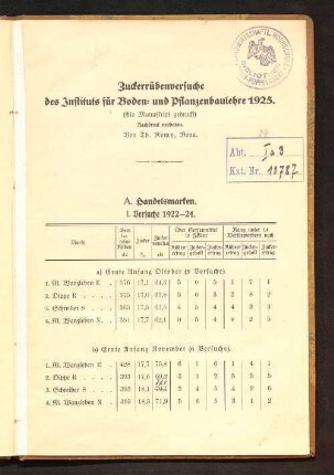 Zuckerrübenversuche des Instituts für Boden- und Pflanzenbaulehre 1925