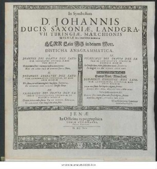 In Symbolum D. Johannis Ducis Saxoniae, Landgravii Turingiae ... beatissimae memoriae Herr Leite Mich in deinem Wort. Disticha Anagrammatica