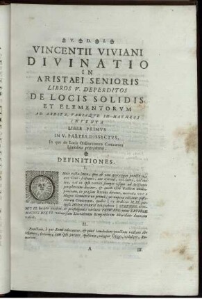 Vincentii viviani divinatio in aristaei senioris.