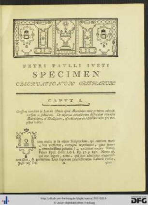 Petri Pauli Iusti Specimen Observationum Criticarum