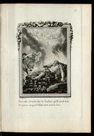 Hercule étendu sur le bucher qu'il avoit fait Preparer auquel Philoctete mit le feu.