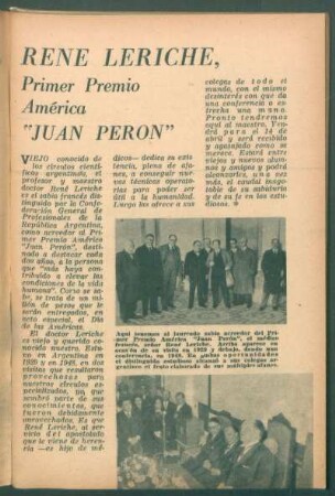 René Leriche, Primer Premio América "Juan Perón"