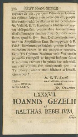LXXXVII. Ioannis Gezelii ad Balthas. Bebelium