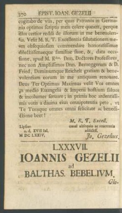 LXXXVII. Ioannis Gezelii ad Balthas. Bebelium