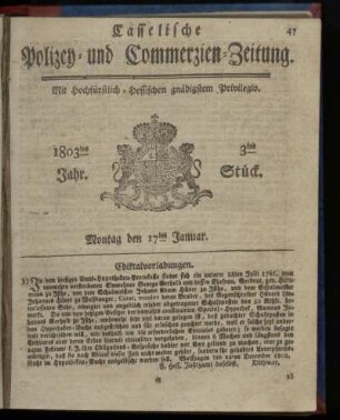 3tes Stueck, Montag den 17ten Januar 1803