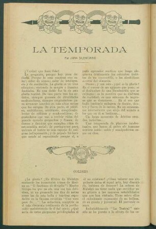 La temporada : Coliseo[,] Colón[,] Odeón[,] Teatros nacionales[,] Opereta[,] Teatro Moderno[,] Royal[,] Notas[,] Concertista [y] Cinematógrafos.