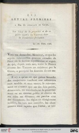 Lettre première à Mr. G. négociant de Génes